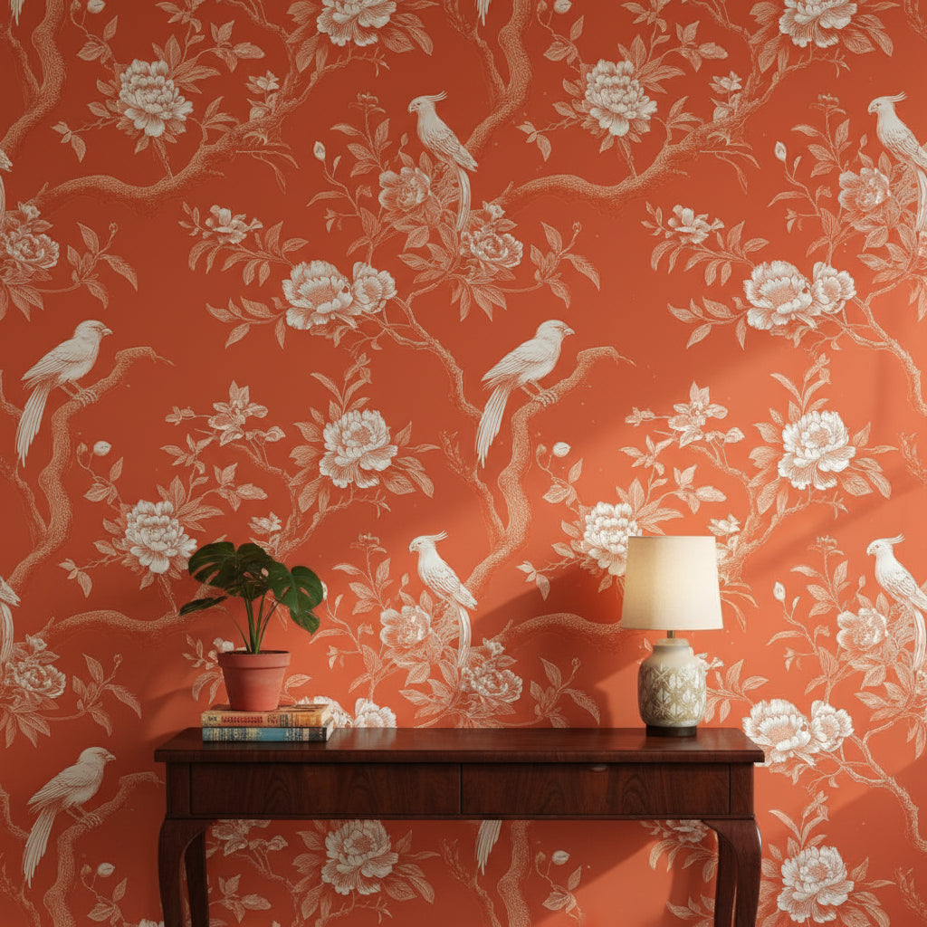 Burnt Orange Vintage Bird Floral Wallpaper