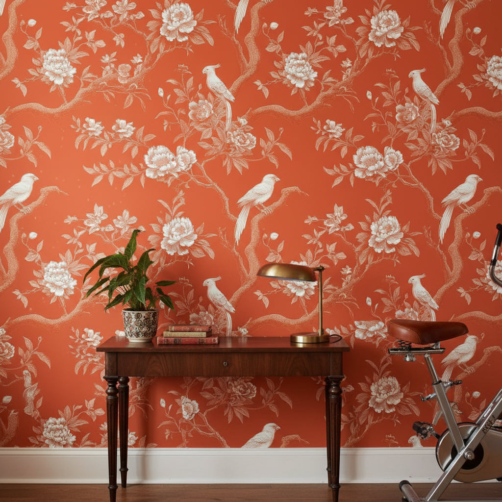 Burnt Orange Vintage Bird Floral Wallpaper