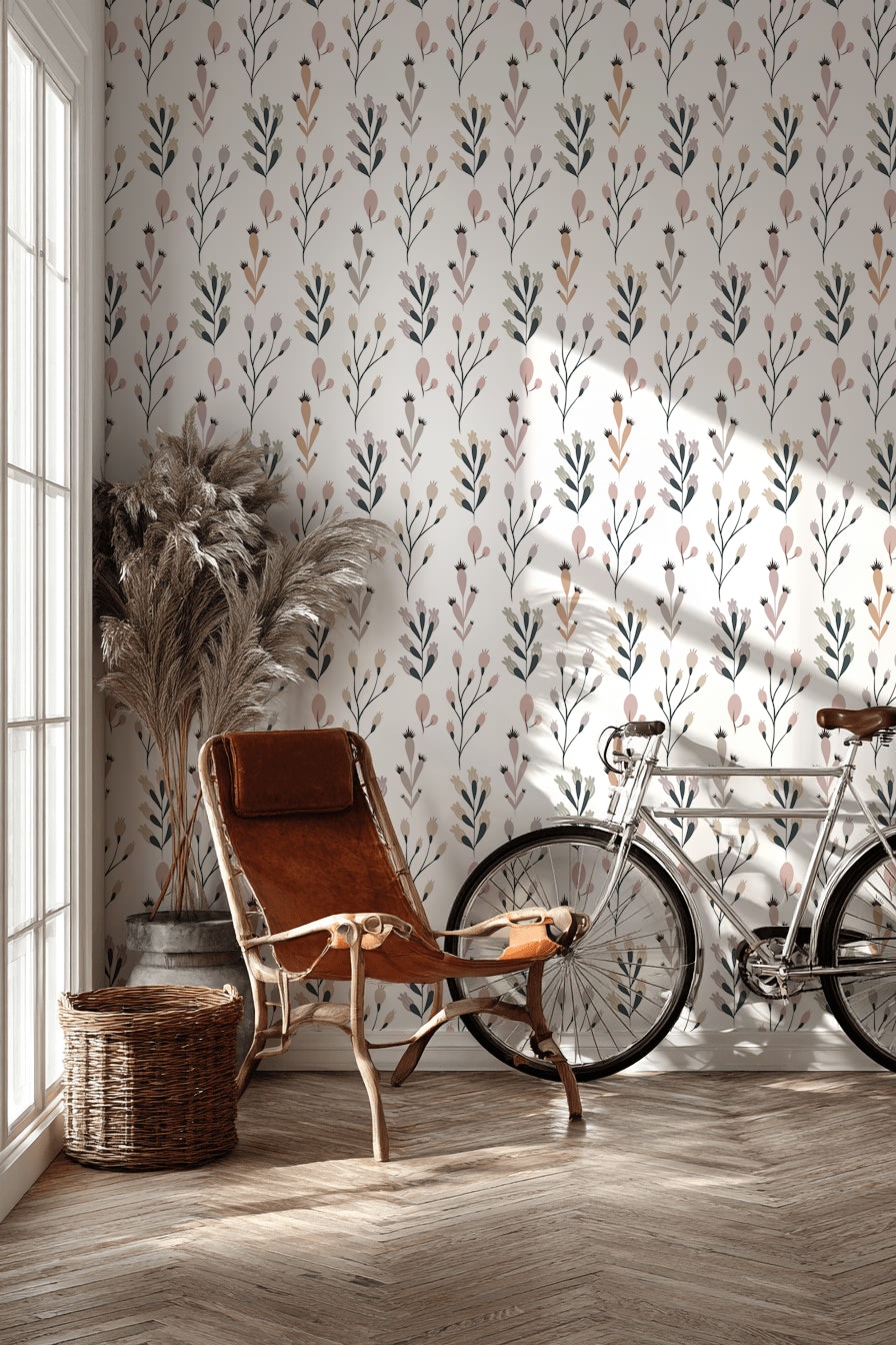 White Background Wallpaper Botanic Minimalist Mural