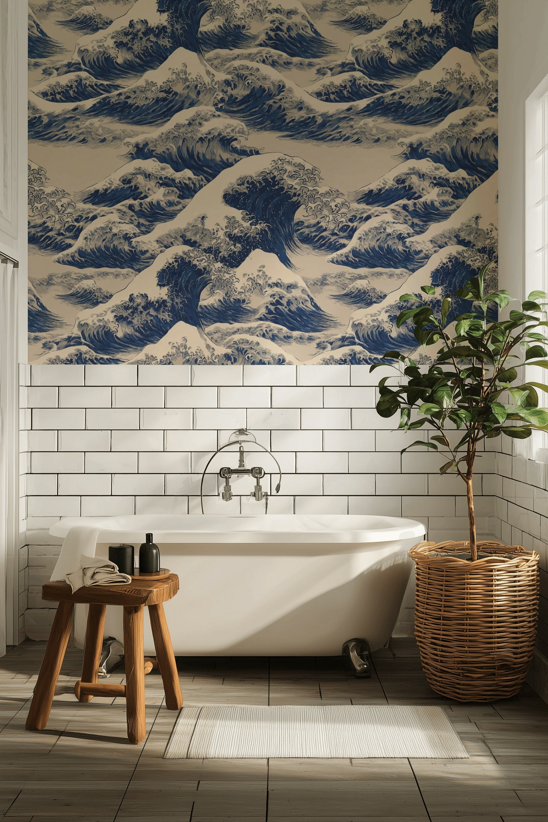 Cream and Blue Japanese Wave Pattern Wallpaper