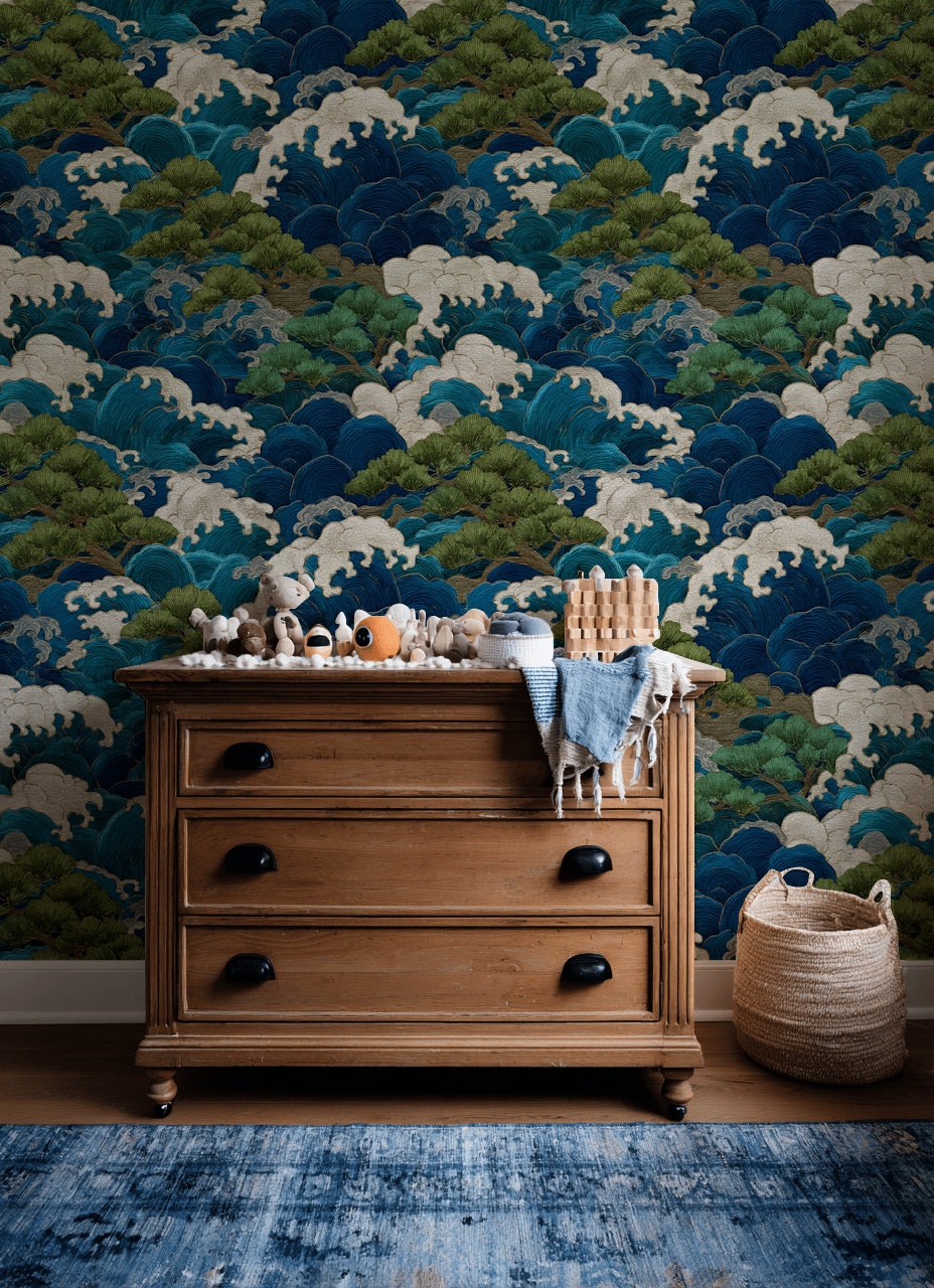 Deep Blue and Green Japanese Wave Wallpaper