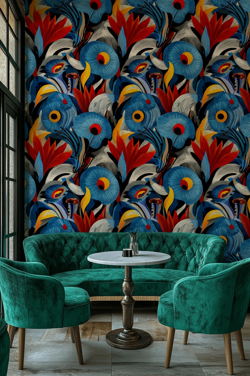 Vibrant Black Tropical Floral Burst Wallpaper