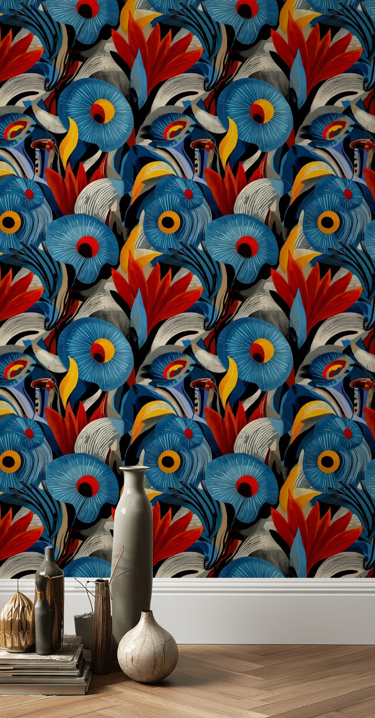 Vibrant Black Tropical Floral Burst Wallpaper