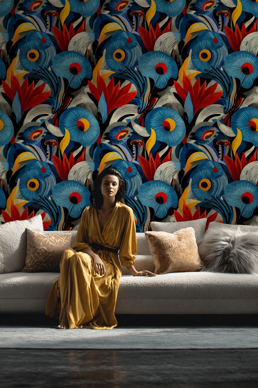 Vibrant Black Tropical Floral Burst Wallpaper