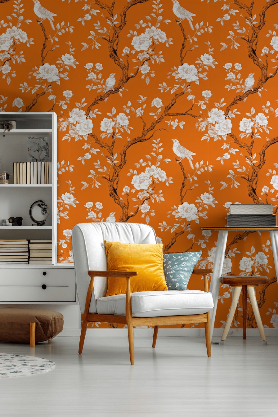 Vibrant Orange Floral Bird Pattern Wallpaper