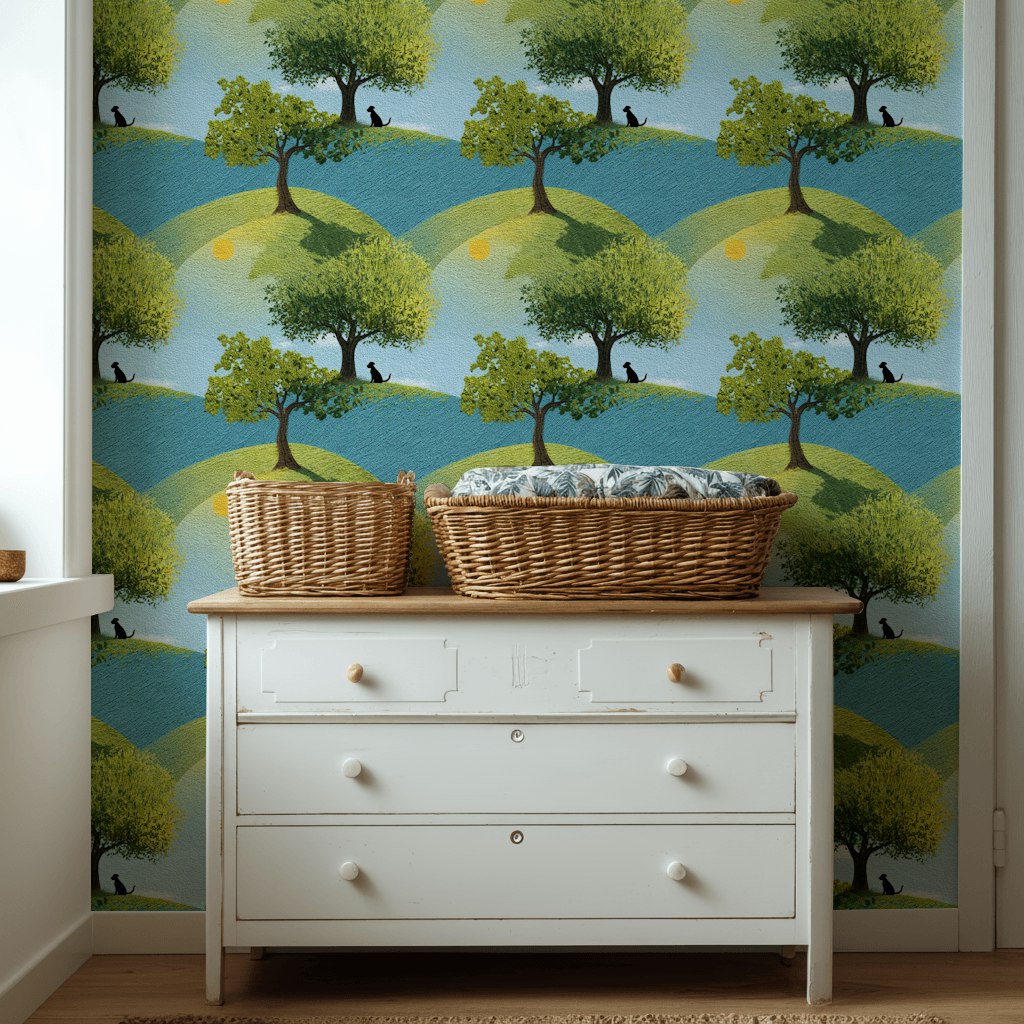 Bright Blue and Green Hillside Tree Wallpaper