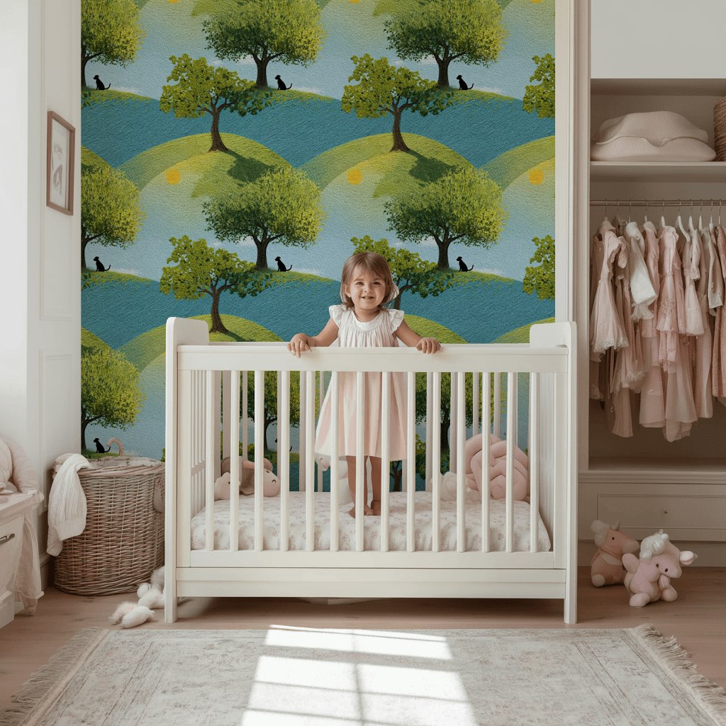 Bright Blue and Green Hillside Tree Wallpaper