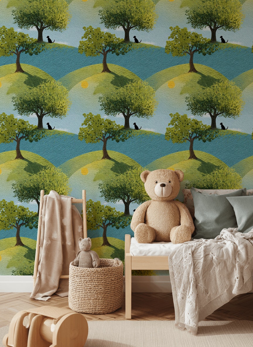 Bright Blue and Green Hillside Tree Wallpaper