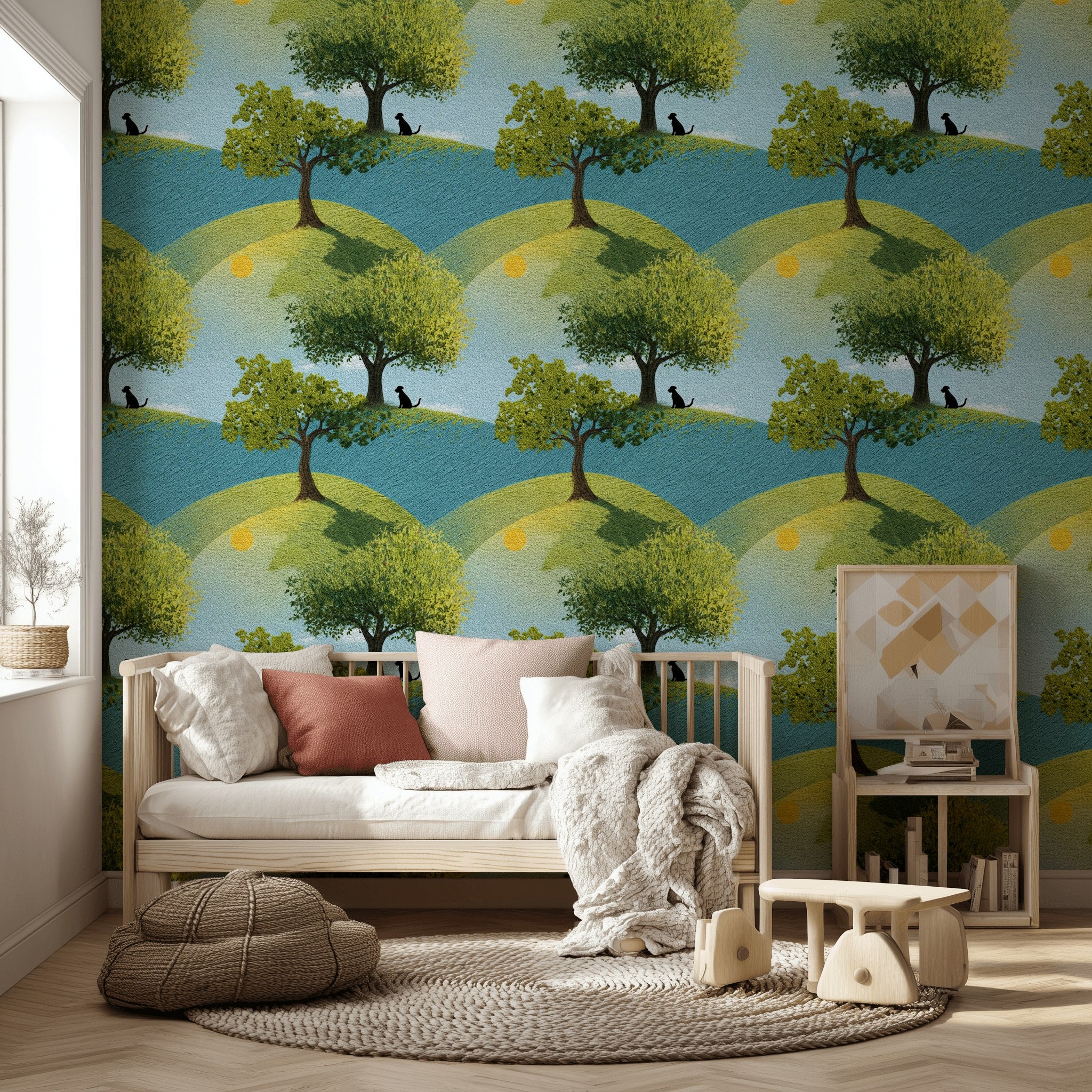 Bright Blue and Green Hillside Tree Wallpaper