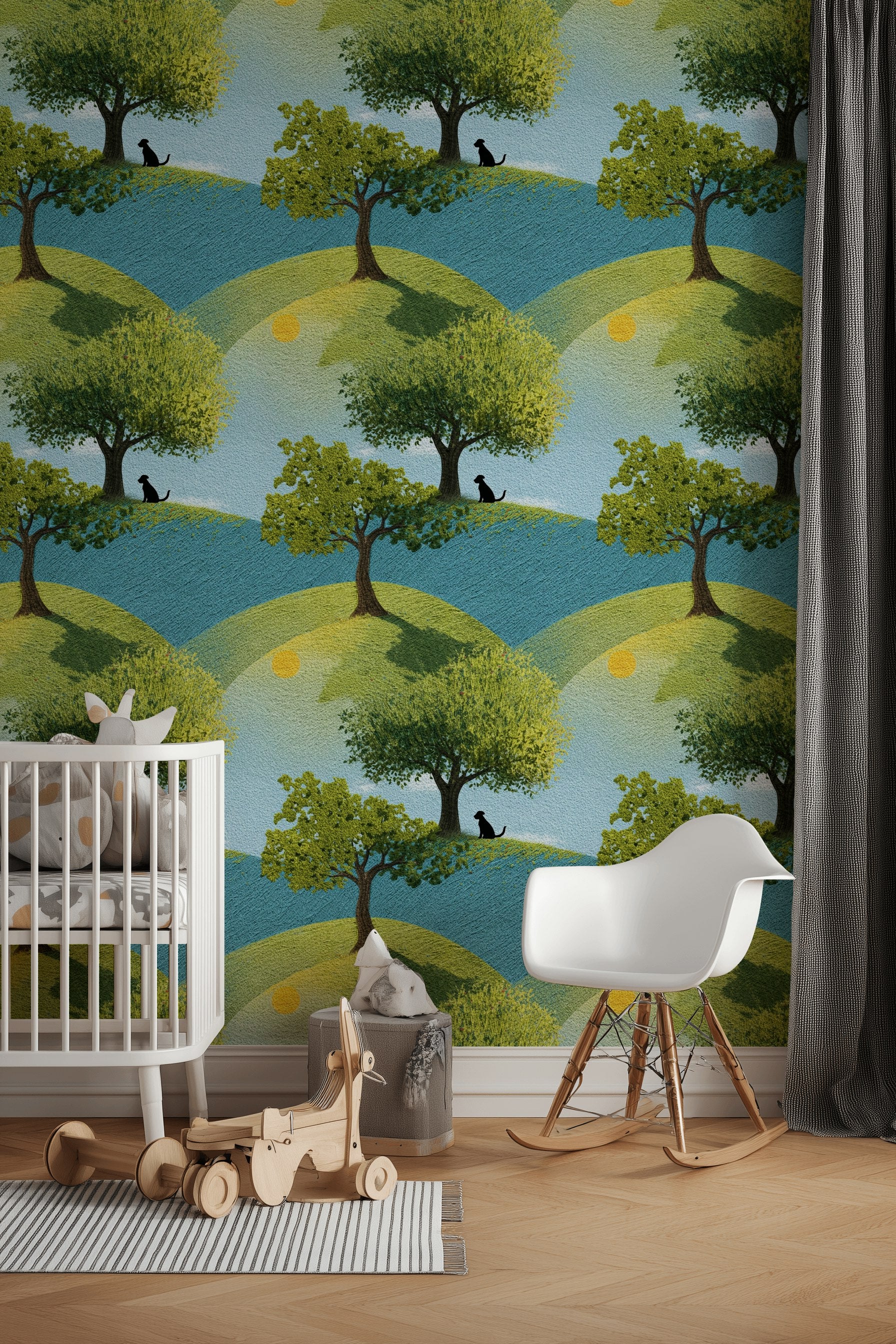 Bright Blue and Green Hillside Tree Wallpaper