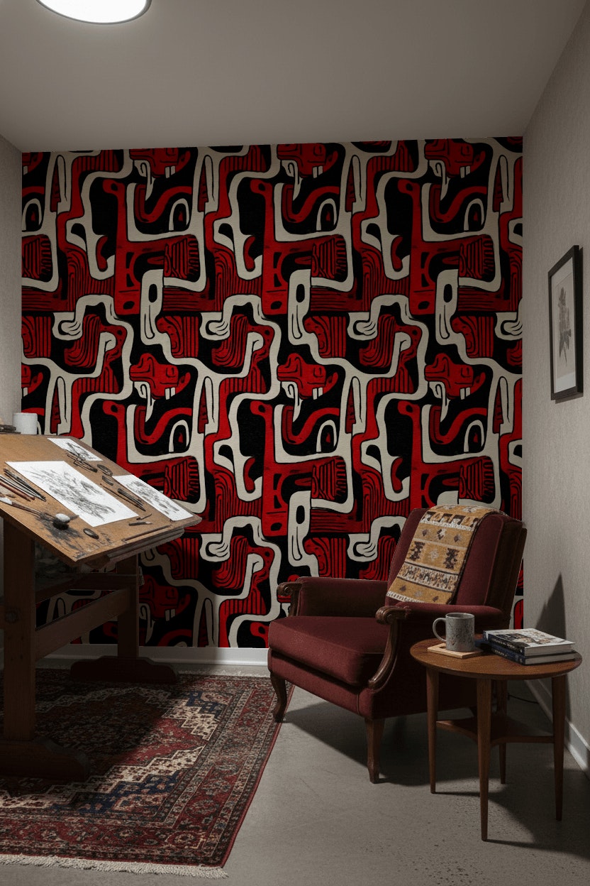 Dark Red and Black Retro Abstract Pattern Wallpaper