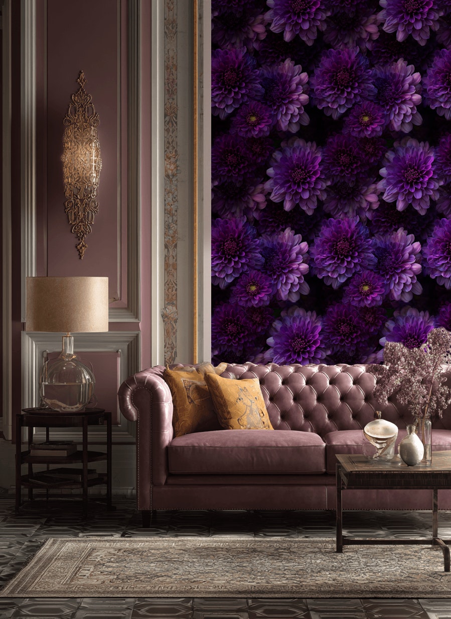 Deep Purple Large Dahlia Floral Wallpaper