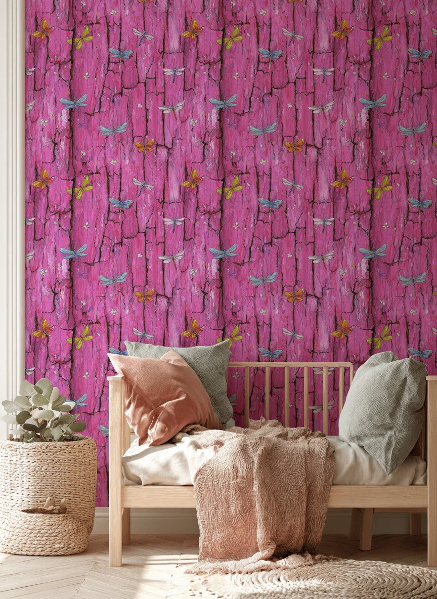 Vibrant Pink Bark and Butterflies Wallpaper