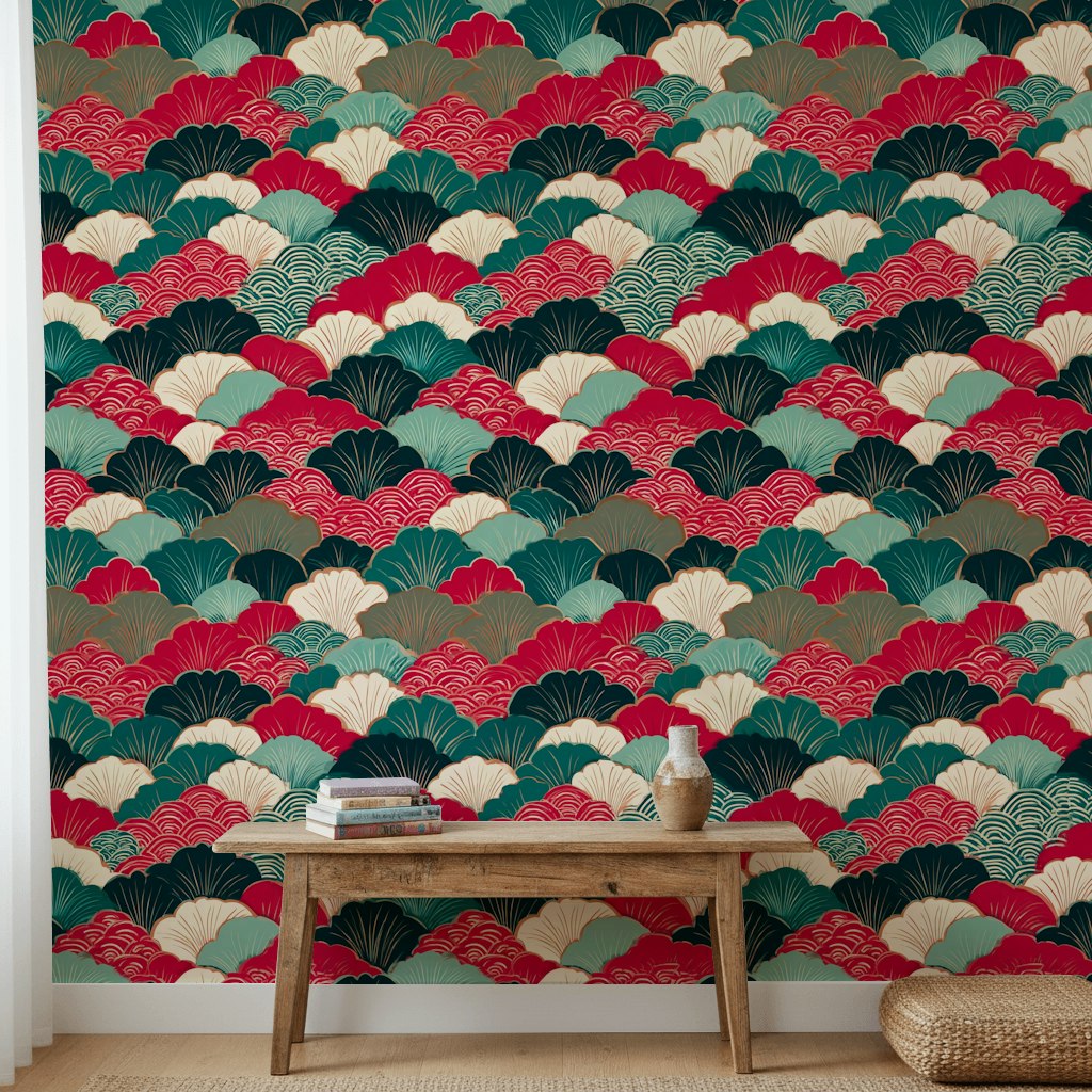 Vibrant Red and Green Japanese Geometric Wallpaper