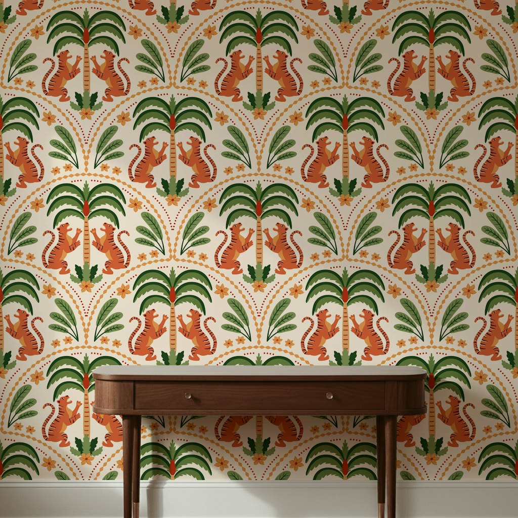 Tigers Wallpaper Palm Trees Floral Decorative Mural
