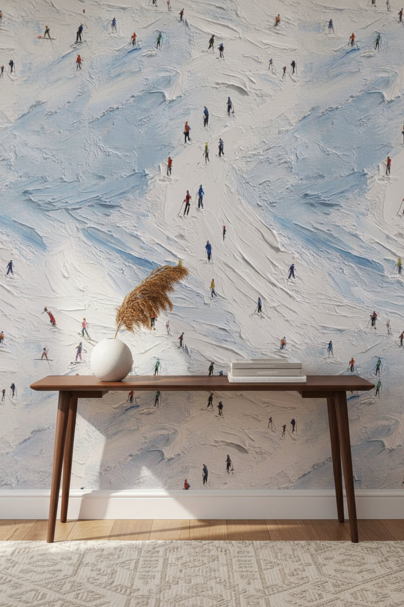 Bright White and Blue Skiers Abstract Wallpaper