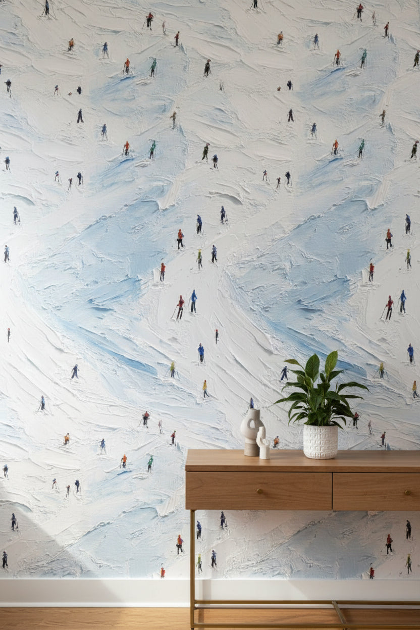 Bright White and Blue Skiers Abstract Wallpaper