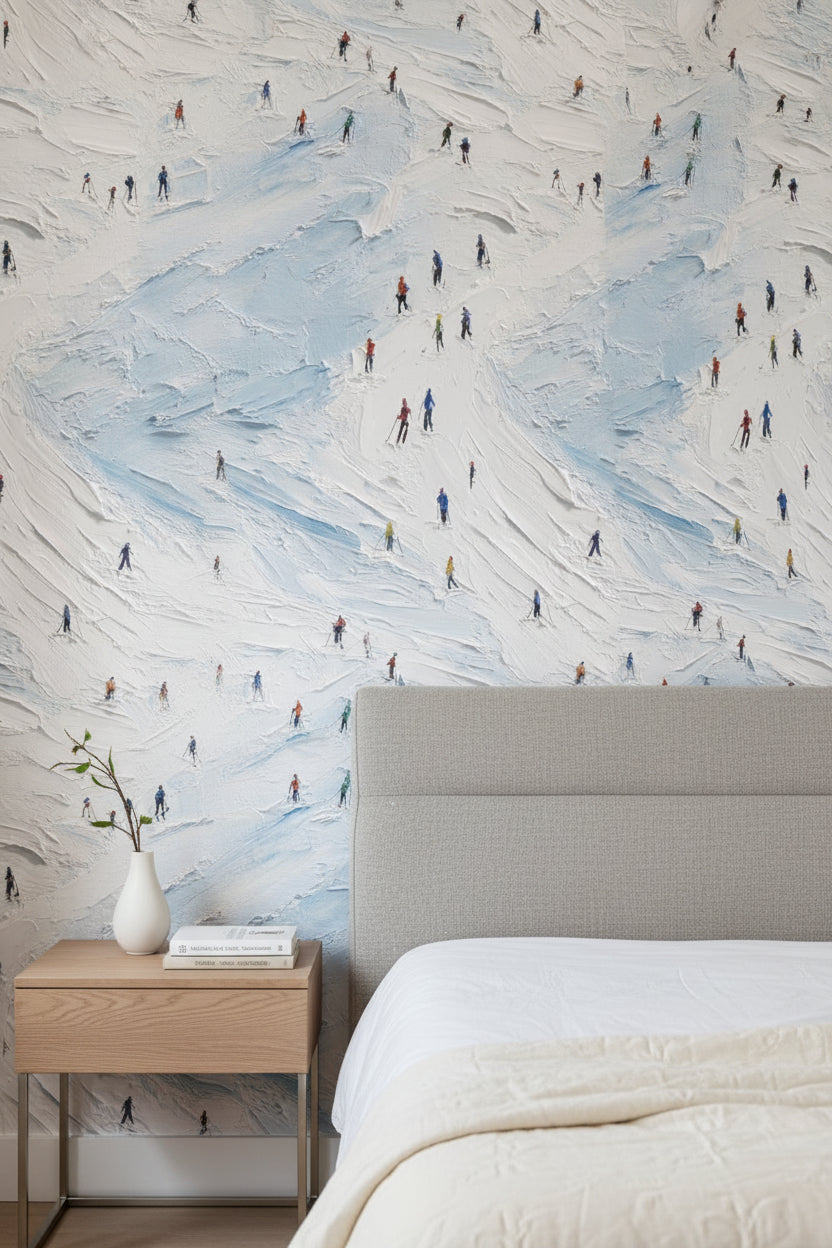 Bright White and Blue Skiers Abstract Wallpaper