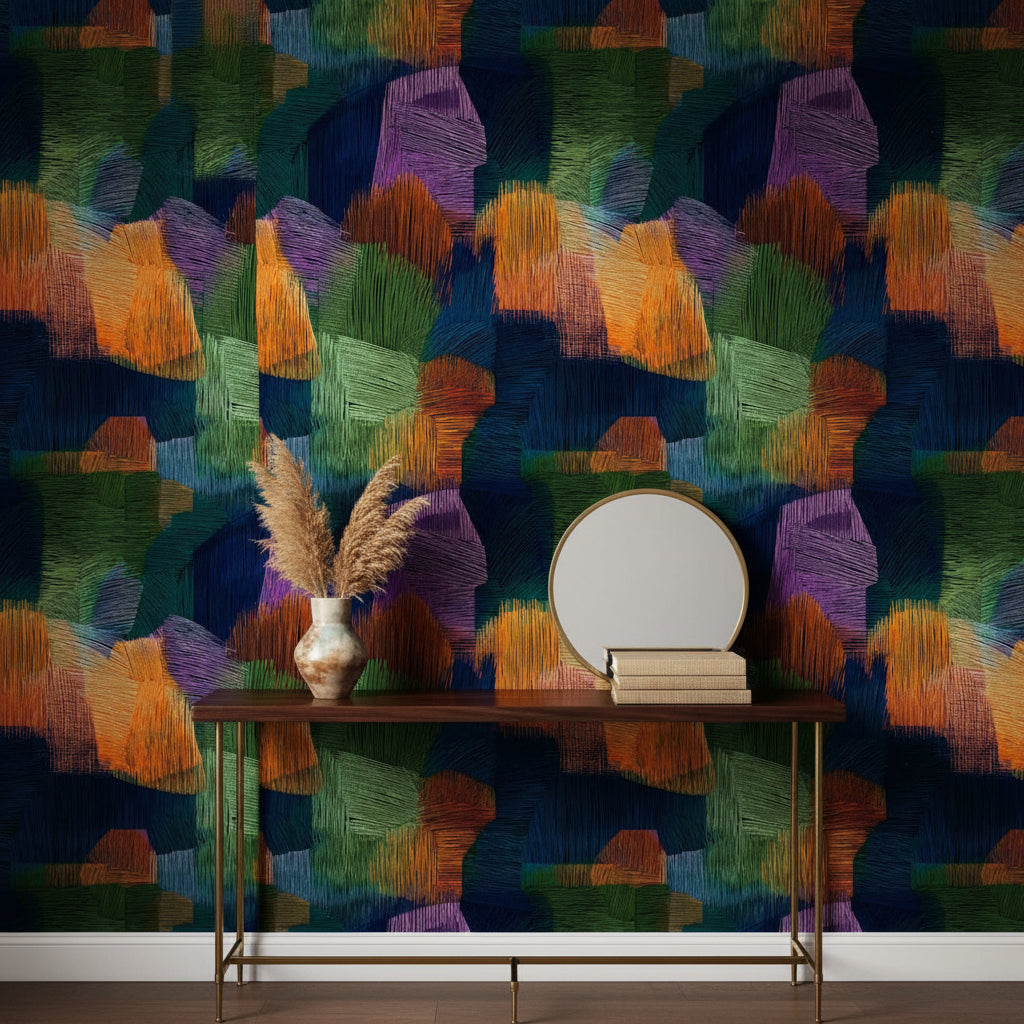 Midnight Blue Multicolor Abstract Brushstroke Wallpaper
