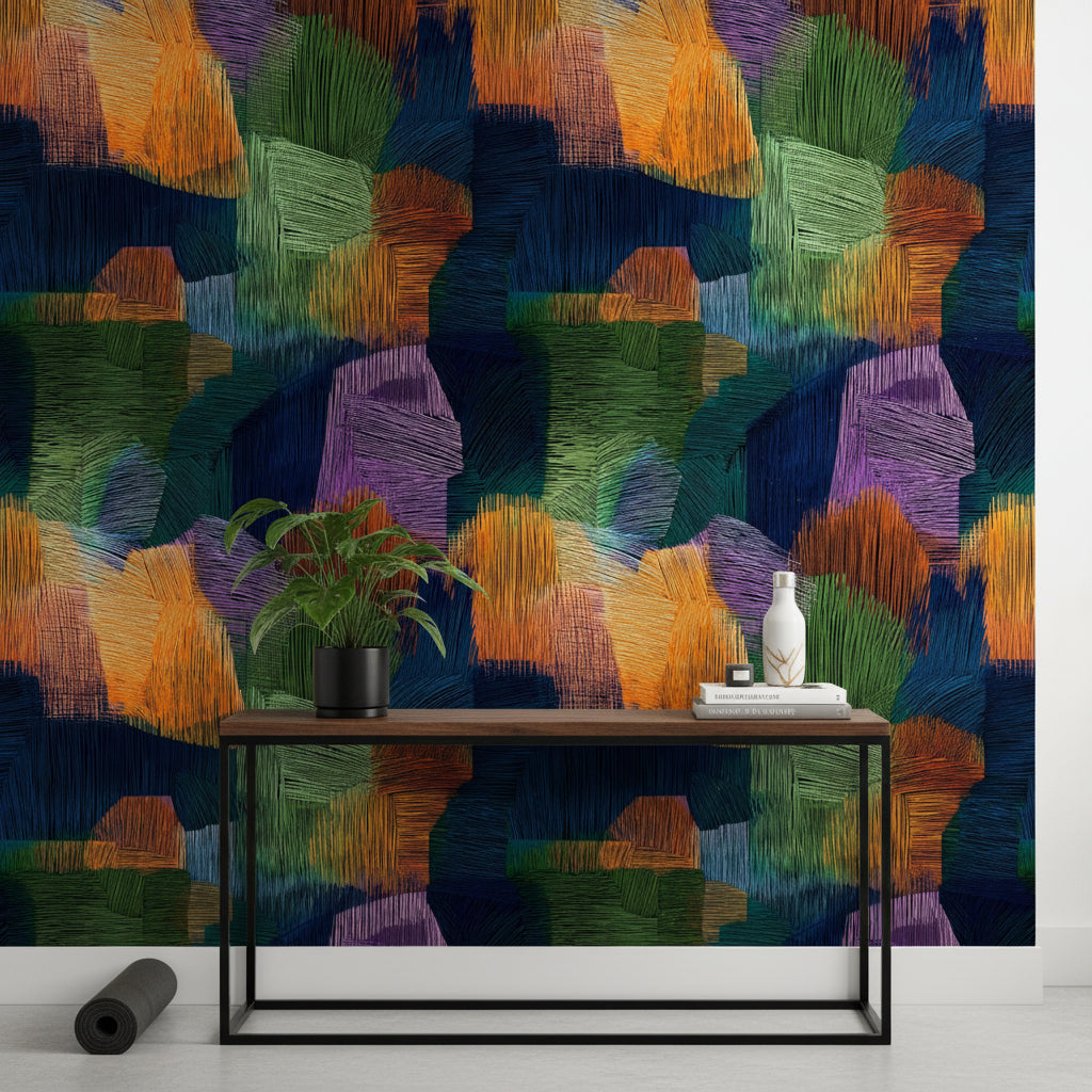 Midnight Blue Multicolor Abstract Brushstroke Wallpaper