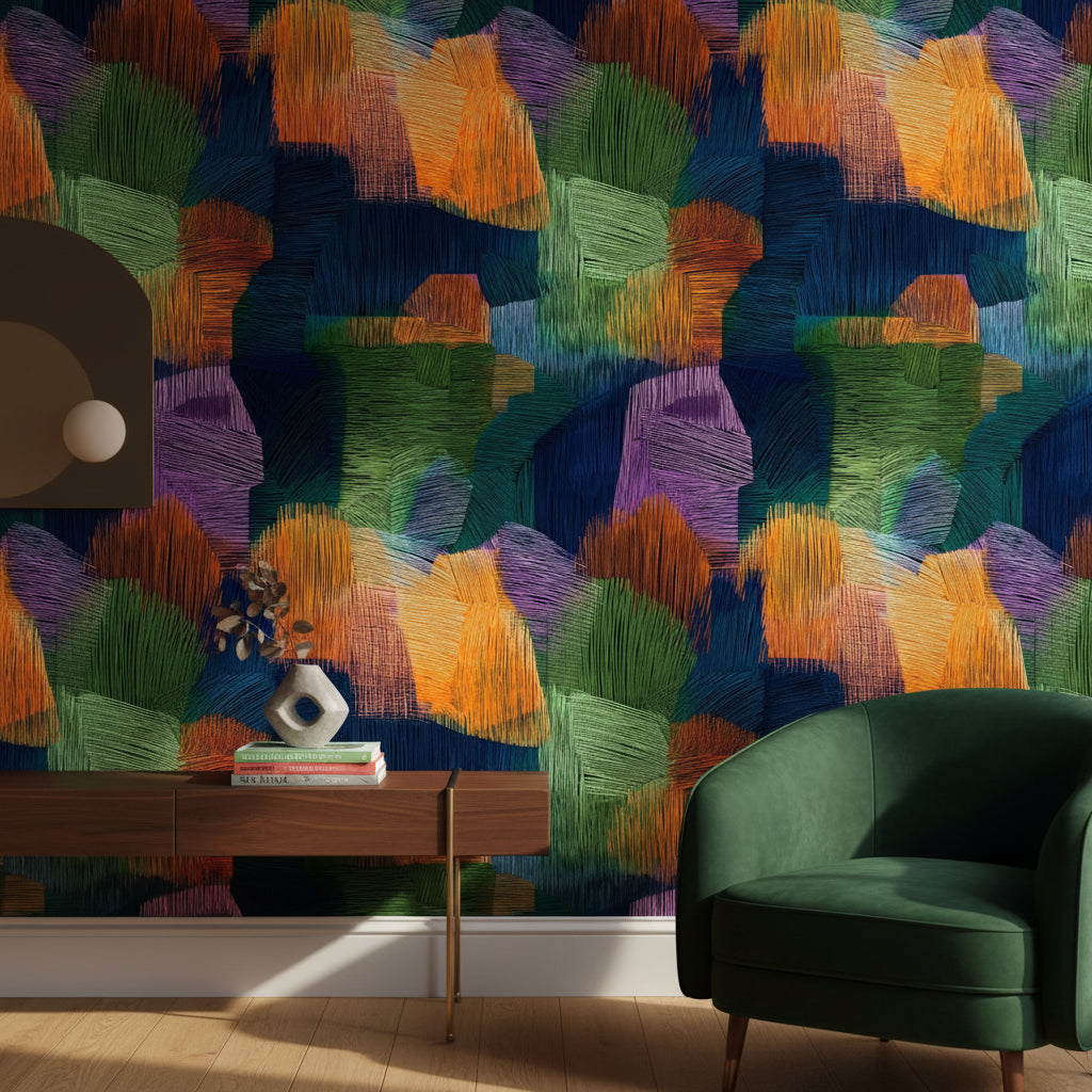 Midnight Blue Multicolor Abstract Brushstroke Wallpaper