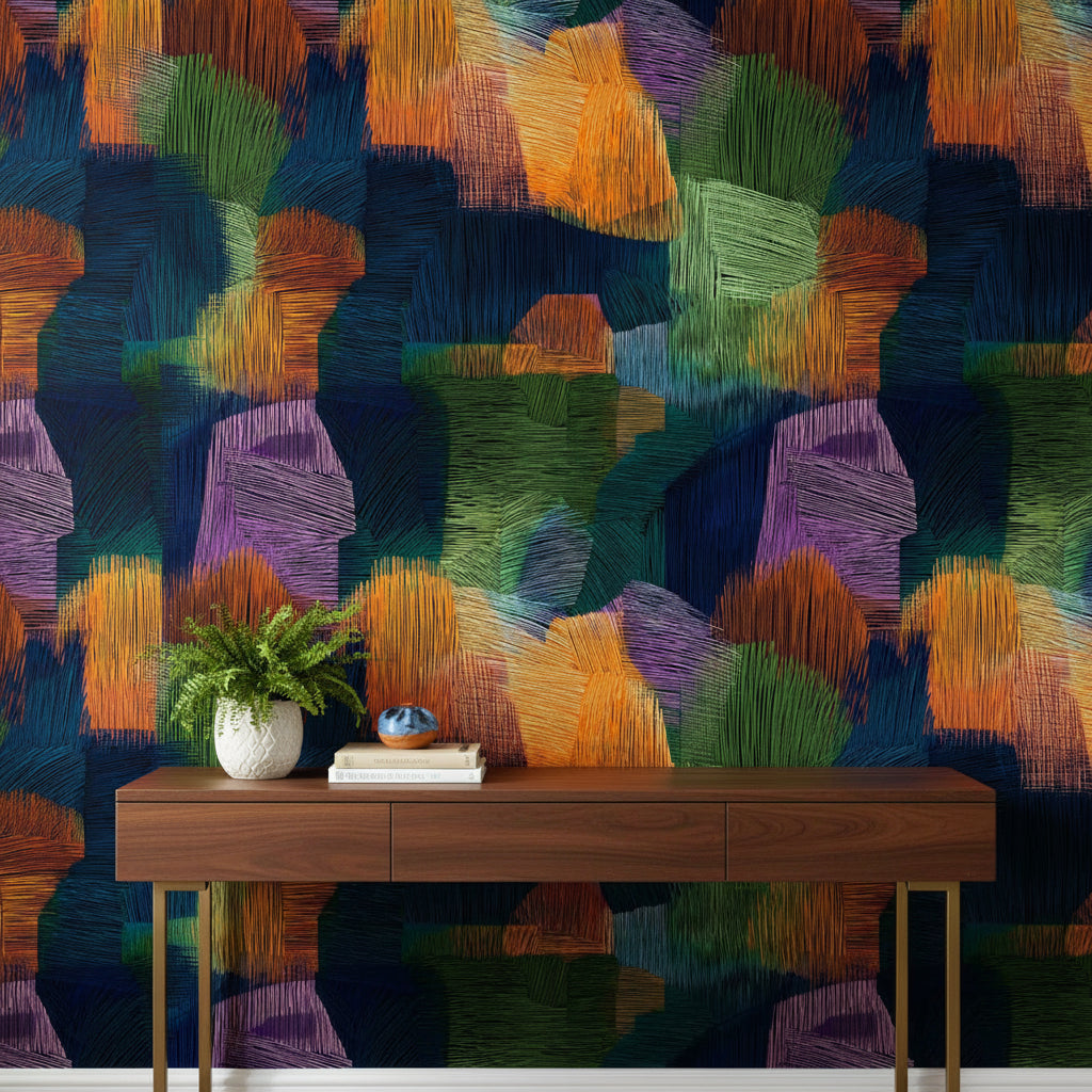 Midnight Blue Multicolor Abstract Brushstroke Wallpaper