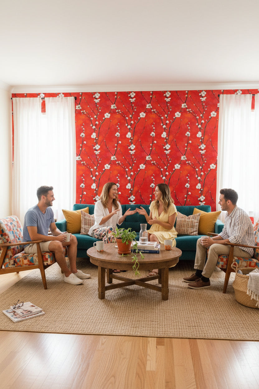 Vibrant Red Cherry Blossom Floral Wallpaper