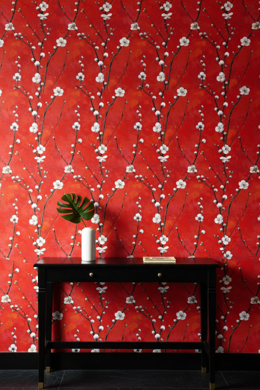 Vibrant Red Cherry Blossom Floral Wallpaper