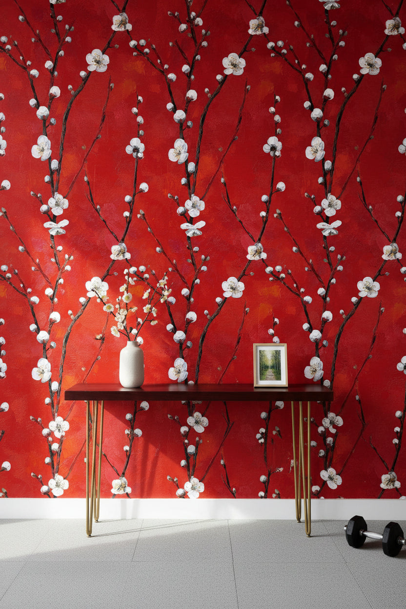 Vibrant Red Cherry Blossom Floral Wallpaper