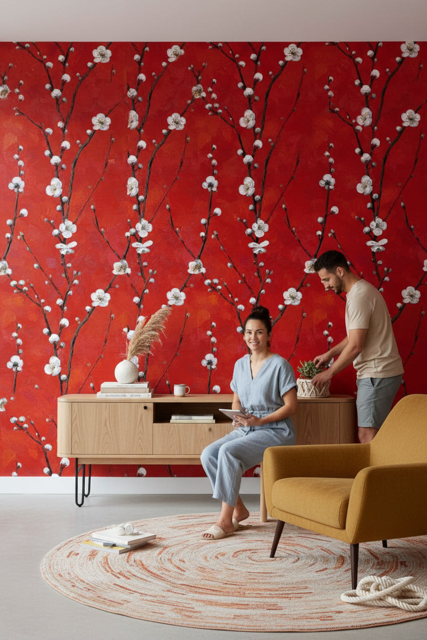 Vibrant Red Cherry Blossom Floral Wallpaper
