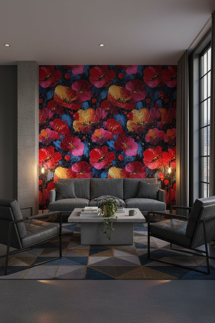 Dark Noir Red Poppy Art Floral Wallpaper