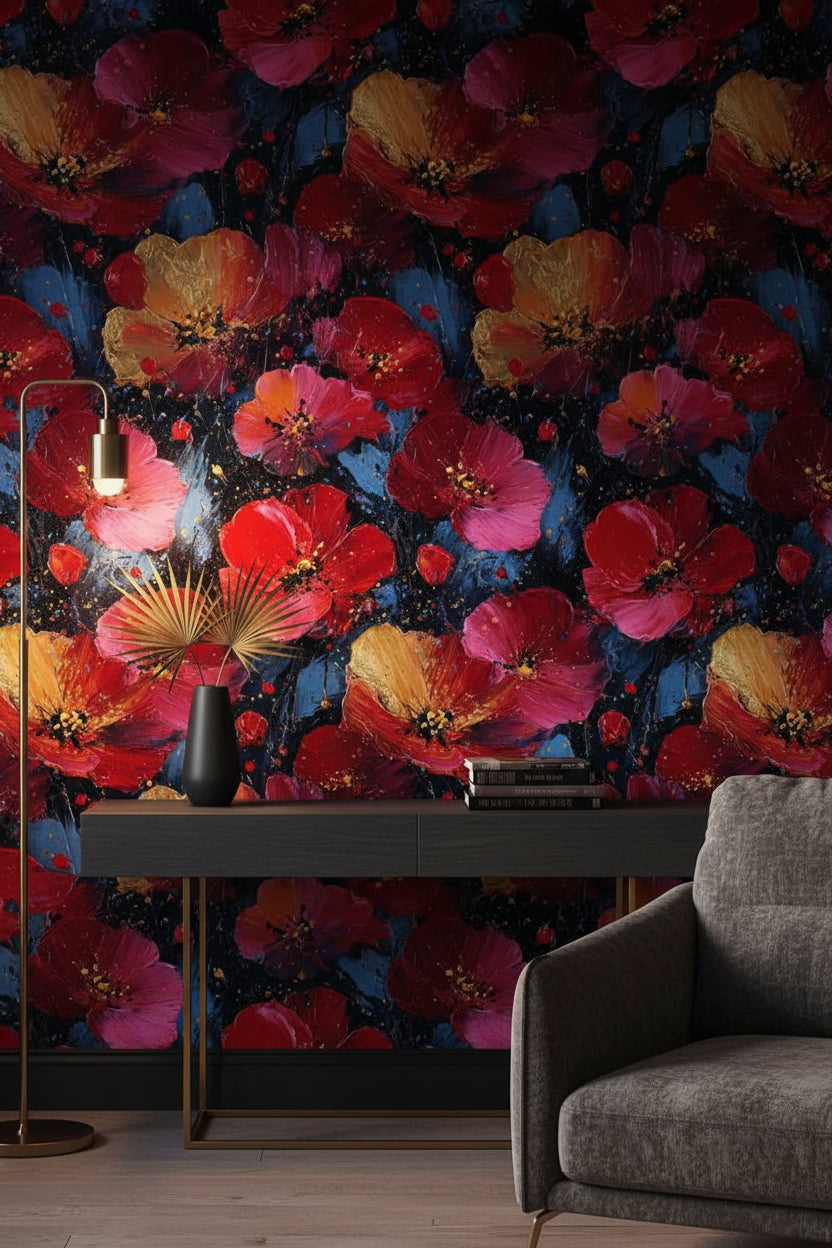 Dark Noir Red Poppy Art Floral Wallpaper