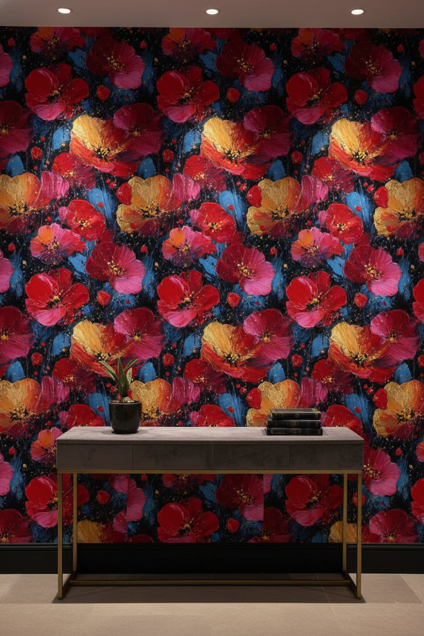 Dark Noir Red Poppy Art Floral Wallpaper