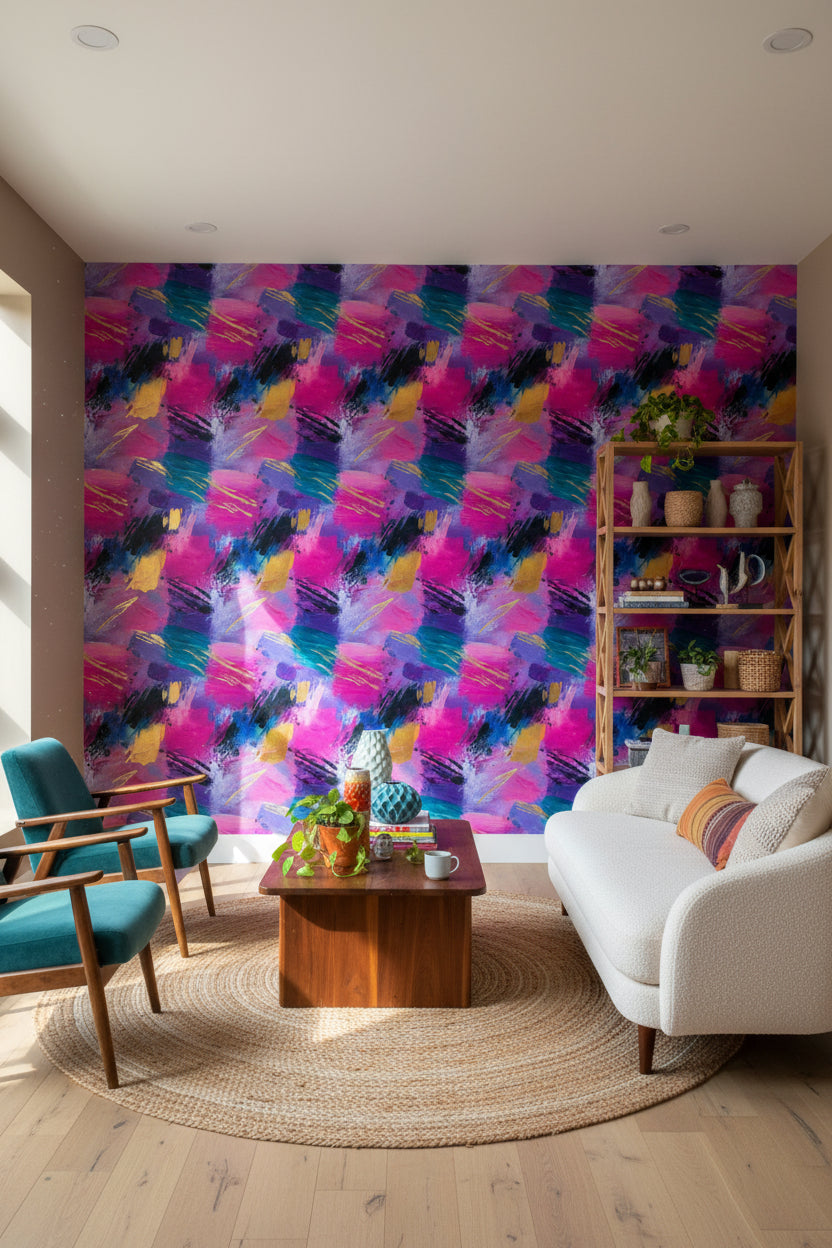 Vibrant Pink and Blue Abstract Brushstroke Wallpaper