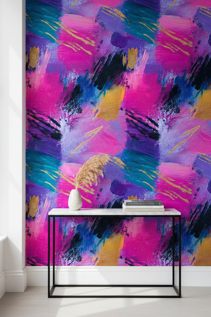 Vibrant Pink and Blue Abstract Brushstroke Wallpaper