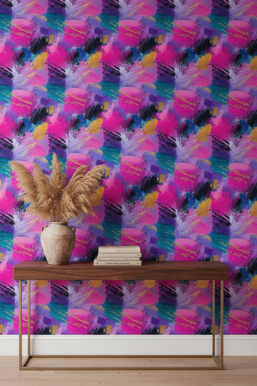 Vibrant Pink and Blue Abstract Brushstroke Wallpaper