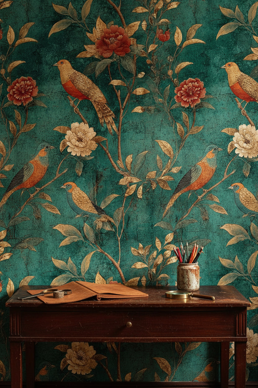 Vintage Teal Floral Bird Print Wallpaper