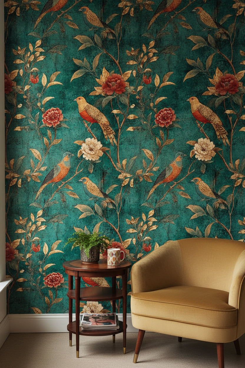 Vintage Teal Floral Bird Print Wallpaper