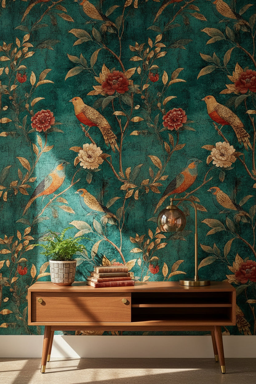 Vintage Teal Floral Bird Print Wallpaper