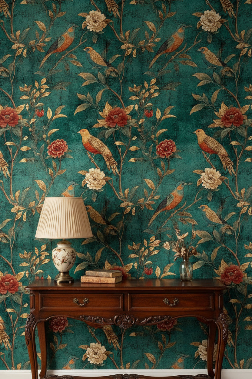 Vintage Teal Floral Bird Print Wallpaper