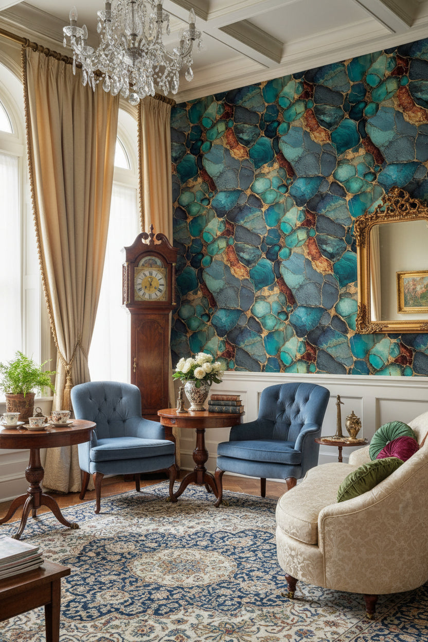 Teal and Gold Look Geode Abstract Wallpaper