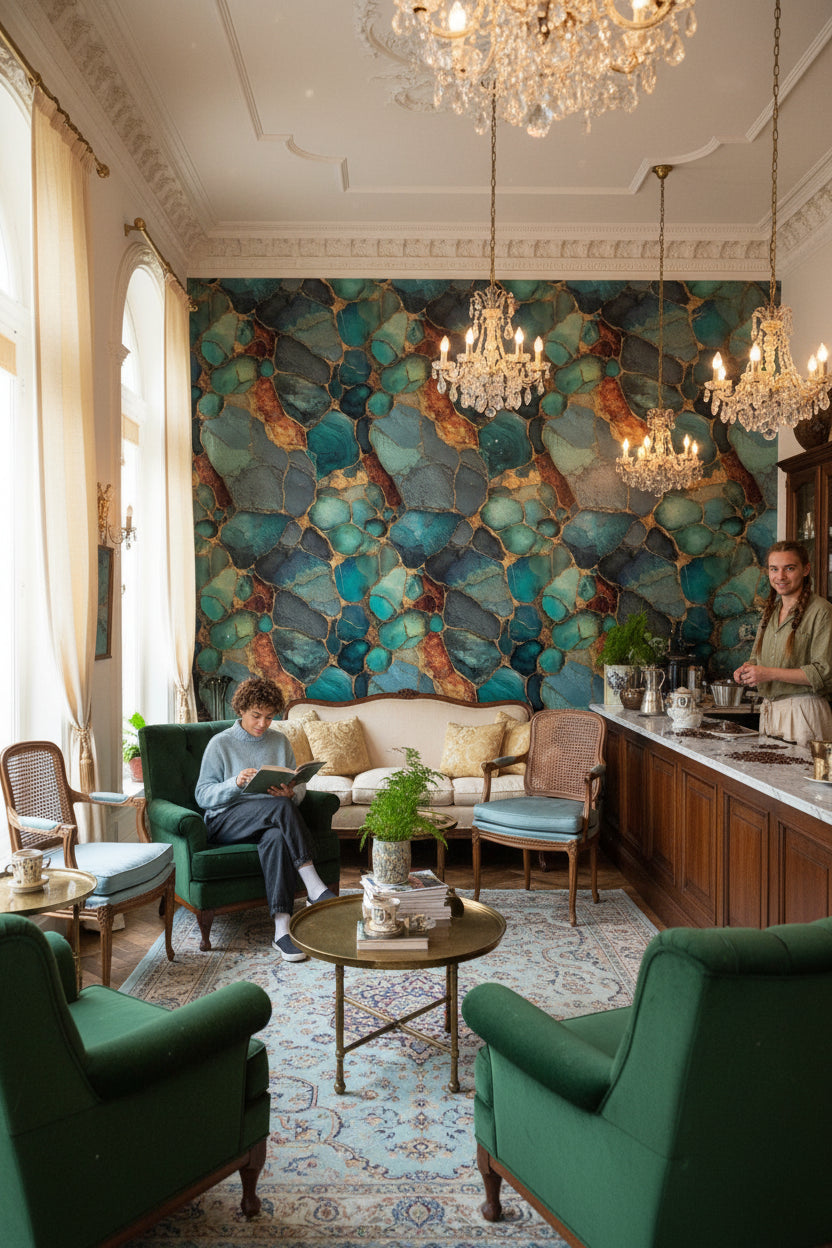 Teal and Gold Look Geode Abstract Wallpaper