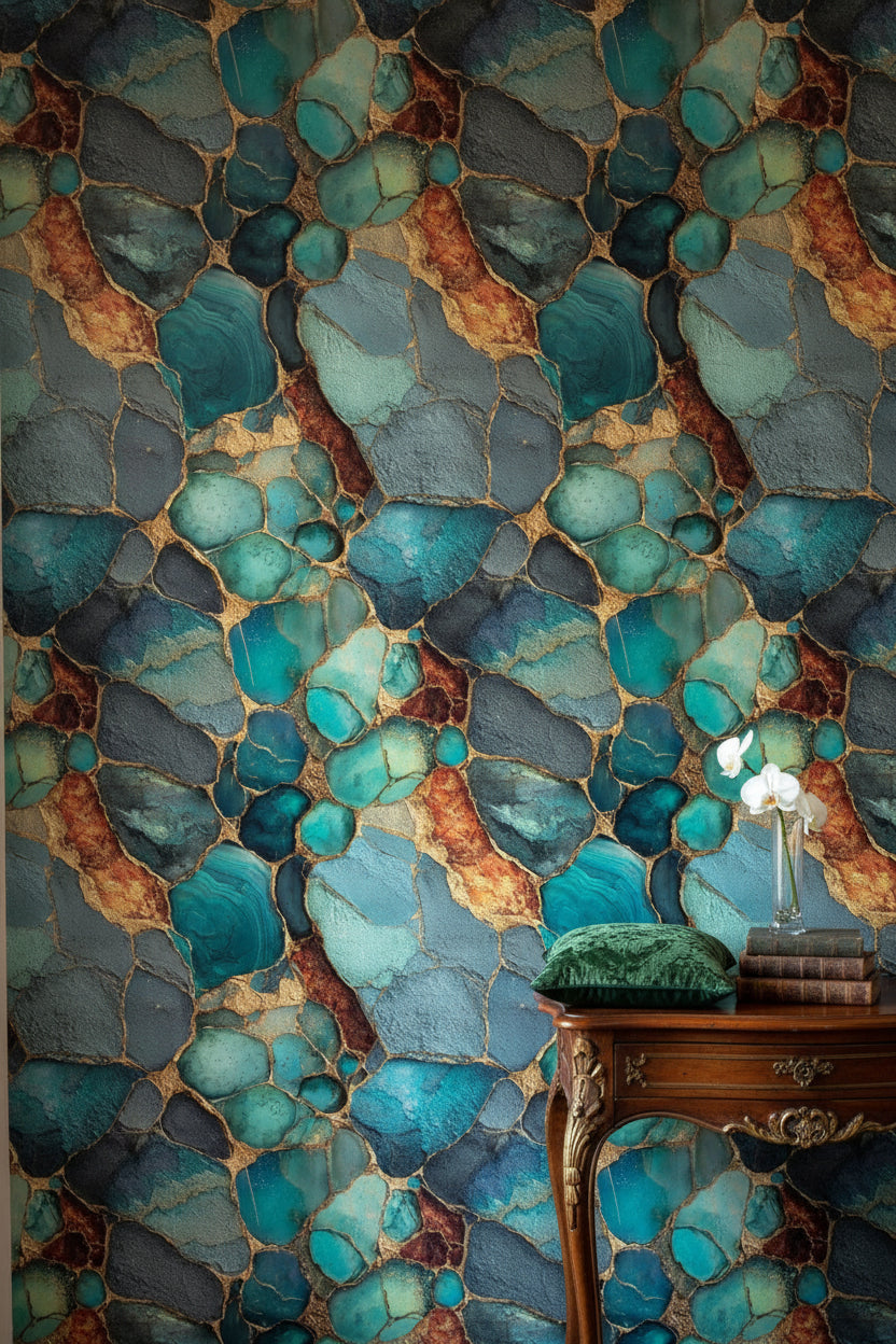 Teal and Gold Look Geode Abstract Wallpaper