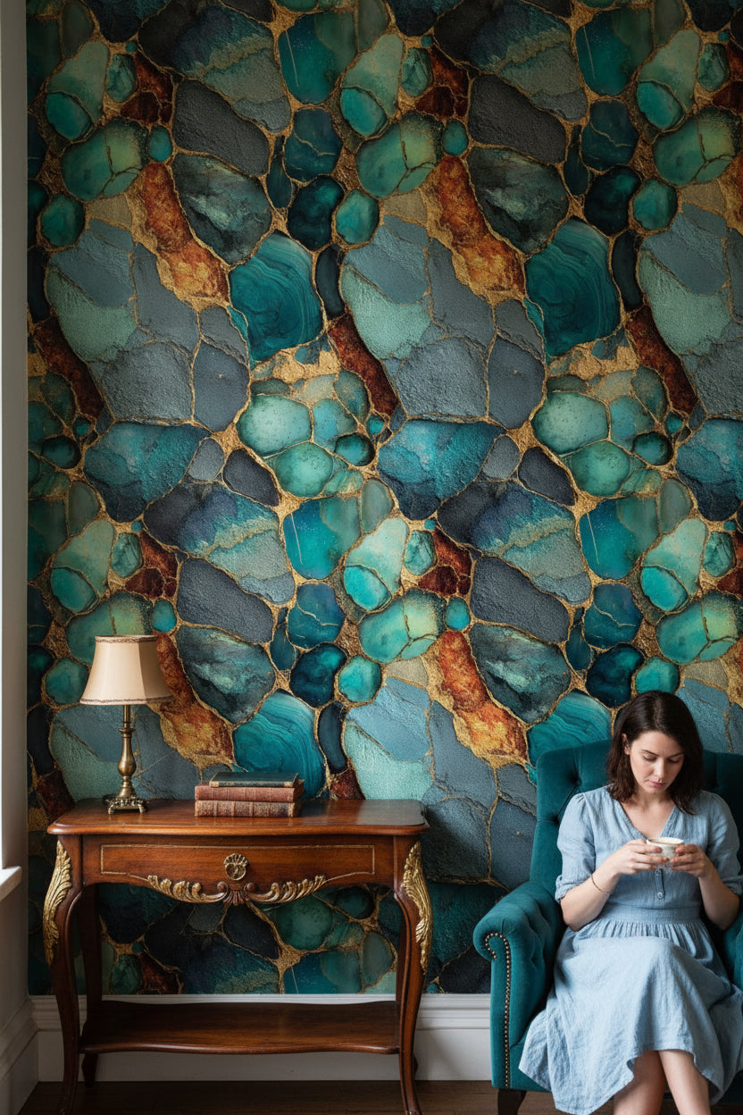 Teal and Gold Look Geode Abstract Wallpaper
