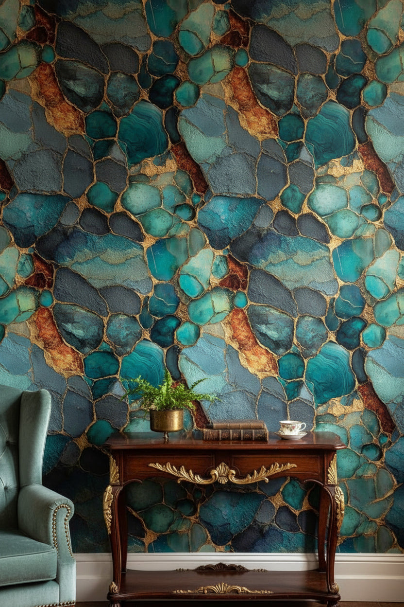 Teal and Gold Look Geode Abstract Wallpaper