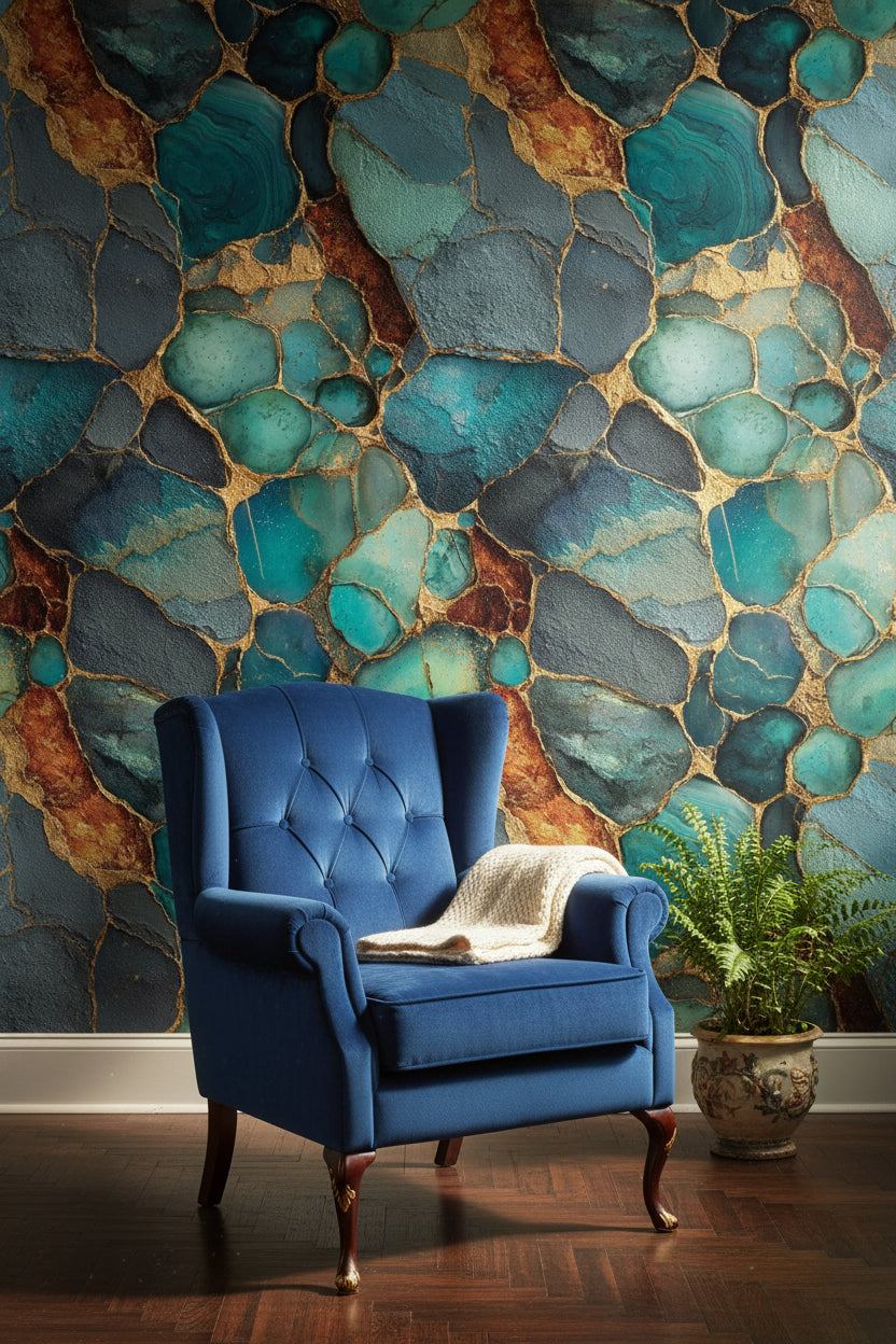 Teal and Gold Look Geode Abstract Wallpaper