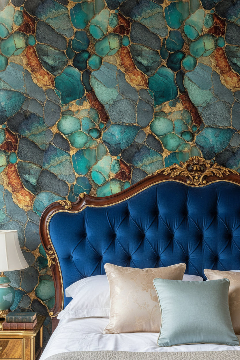 Teal and Gold Look Geode Abstract Wallpaper