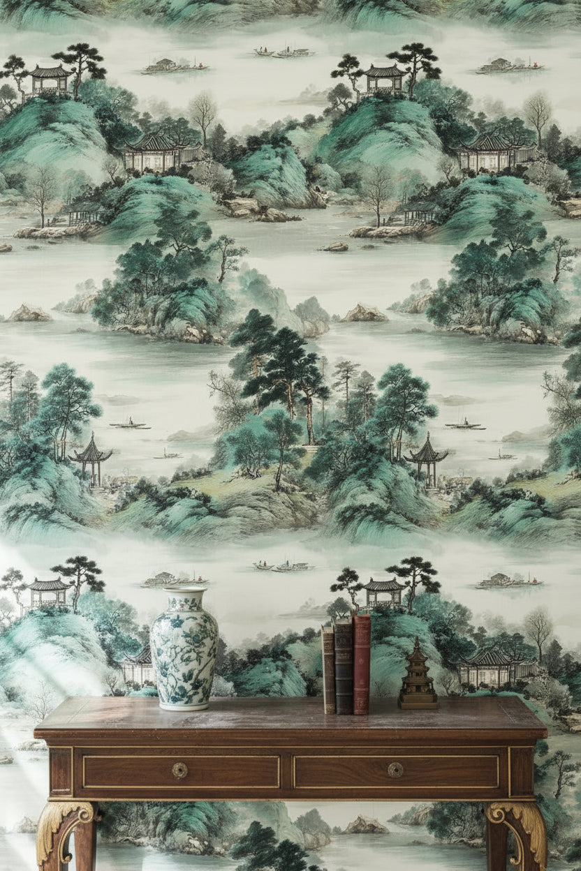 Cream and Green Chinoiserie Landscape Wallpaper