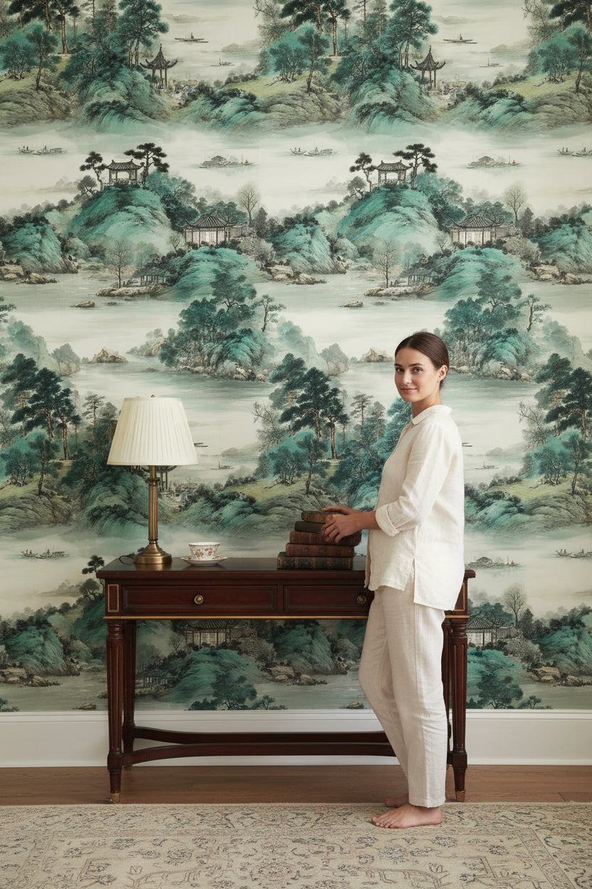 Cream and Green Chinoiserie Landscape Wallpaper