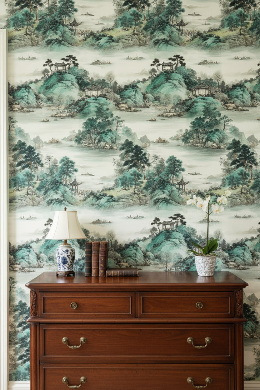 Cream and Green Chinoiserie Landscape Wallpaper